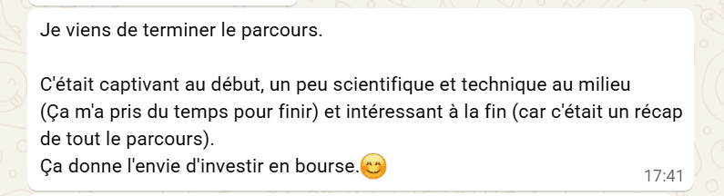 Capture du message reçu : le parcours vient d’être terminé et donne envie d’investir en bourse.
