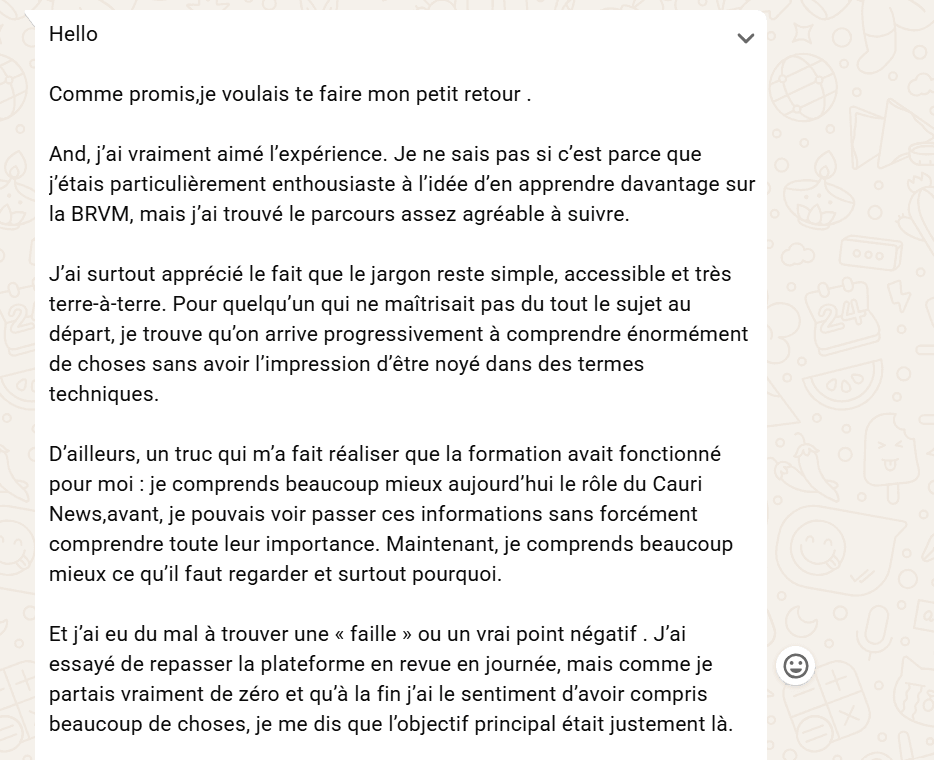 Capture du message reçu : le jargon reste simple et accessible, et aucun vrai point négatif n’a été trouvé.